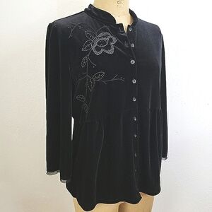 J.Jill Embroidered Black Velvet 3/4 Sleeve Cardigan Medium